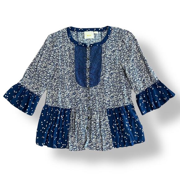 Anthropologie Maeve Hiver Blue 3/4 Sleeve Size 6 Boho Peasant Blouse - Picture 1 of 8